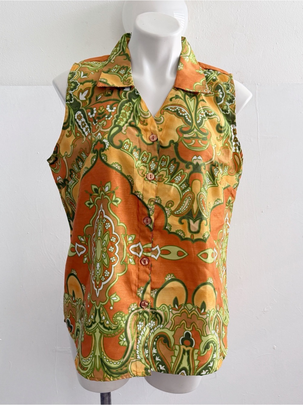 Selene Sport Women L Vintage 70s Paisley Retro Sleeveless Button Shirt Top LARGE